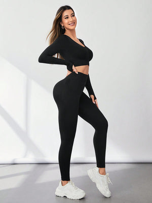 V-Neck Long Sleeve Top and Leggings Active Set